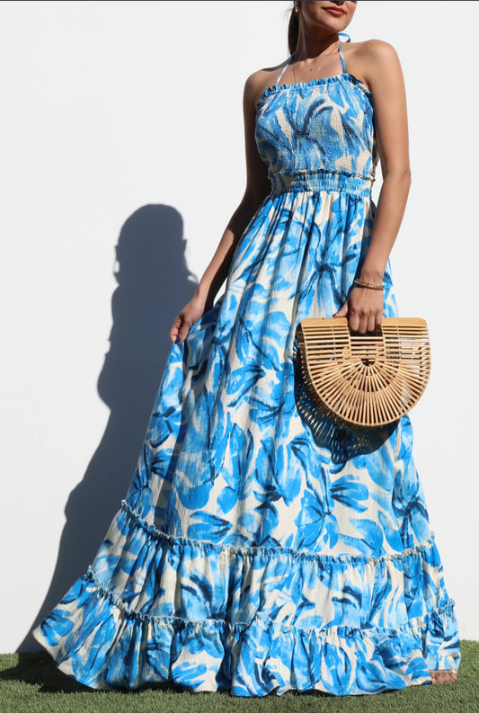 Open Back Blue Floral Dress